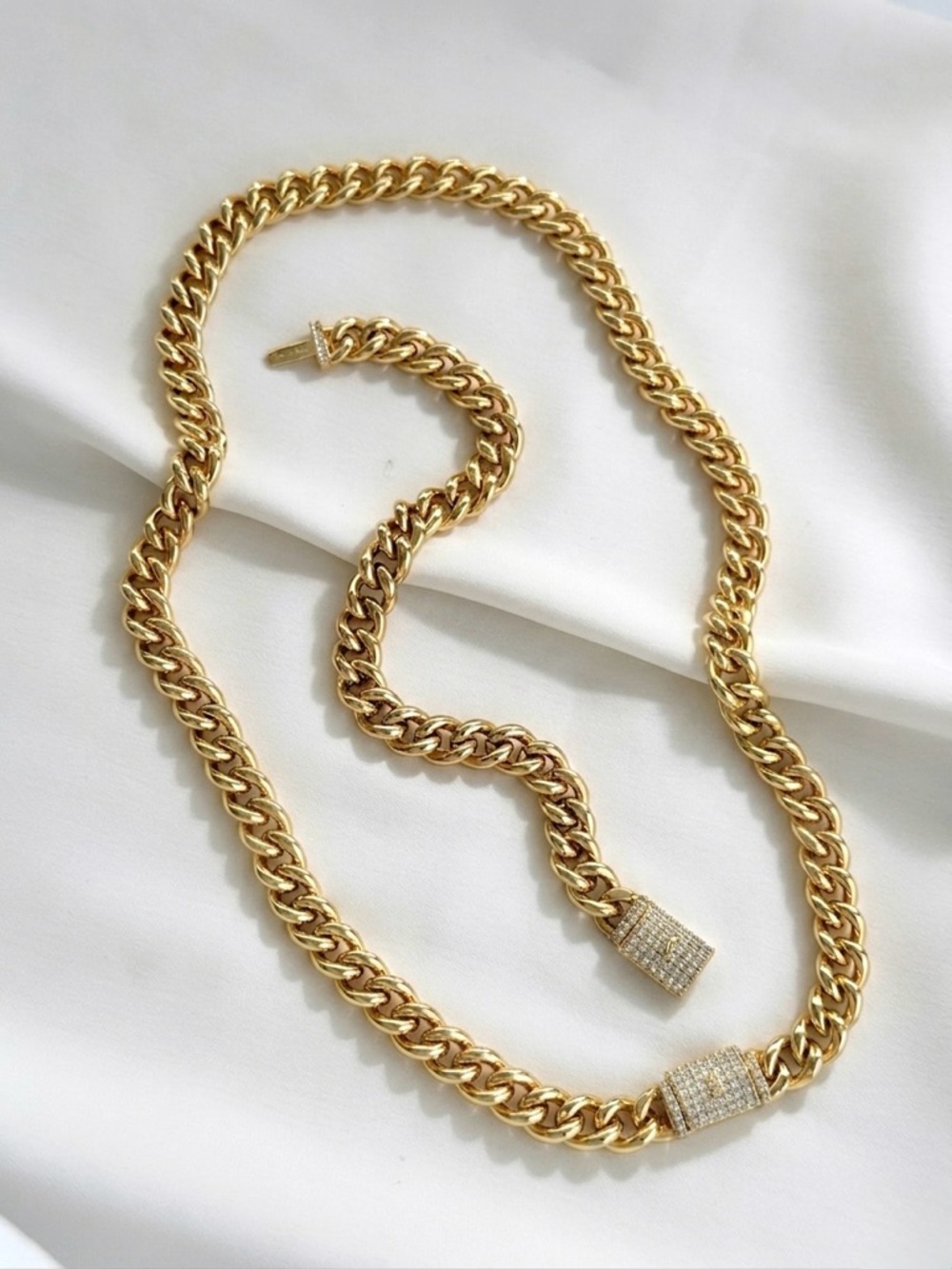 14K Gold Plated Cuban Link Necklace & Bracelet Set with CZ Pavé Box Toggle Clasp - Picture 6 of 11